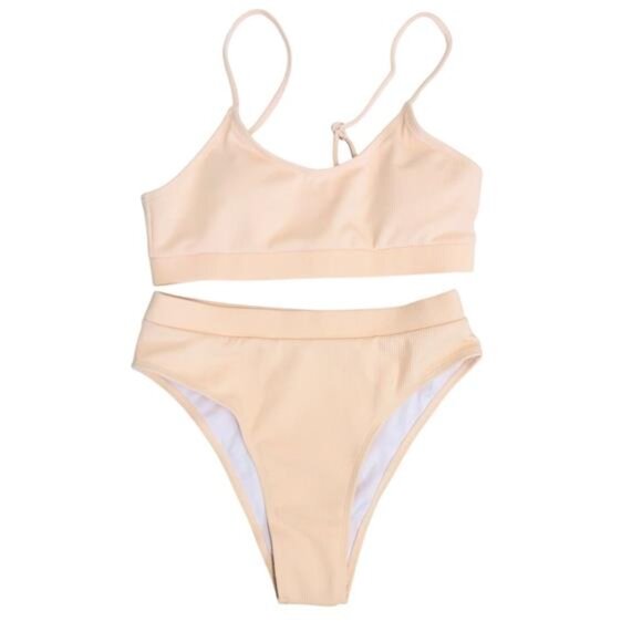Lilosy High-Waisted Ribbed Bikini Set Cream White M - Picture 1 of 5